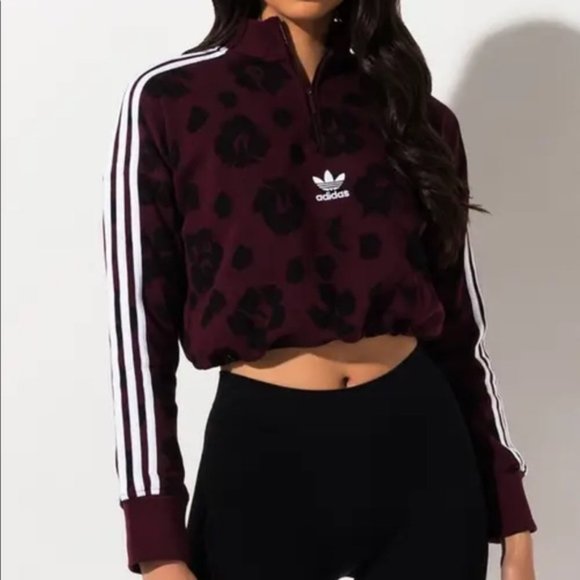 adidas Tops - Adidas Maroon Leopard Print Quarter Zip Crop Logo Sweatshirt